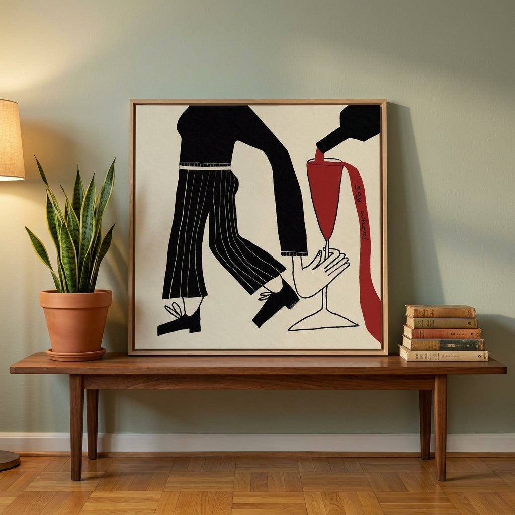Canvas wall art with a natural timber surround standing on a kitchen bench in a mid-century kitchen