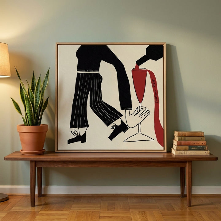 Canvas wall art with a natural timber surround standing on a kitchen bench in a mid-century kitchen