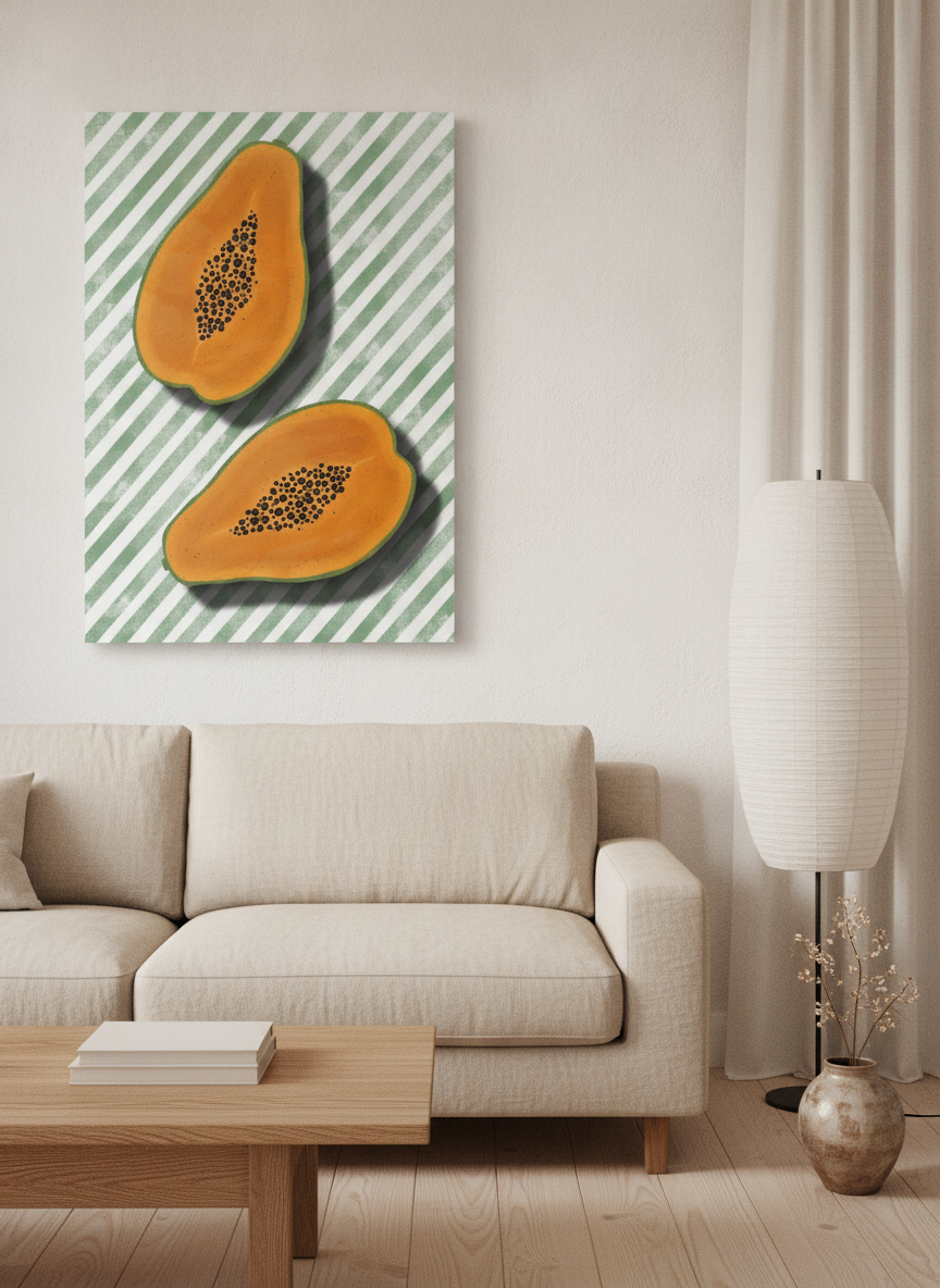 Stretched canvas wall art styled on the wall in a warm Japandi living room