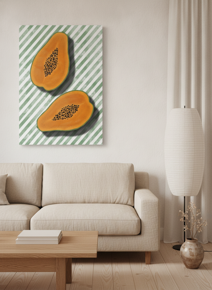 Stretched canvas wall art styled on the wall in a warm Japandi living room