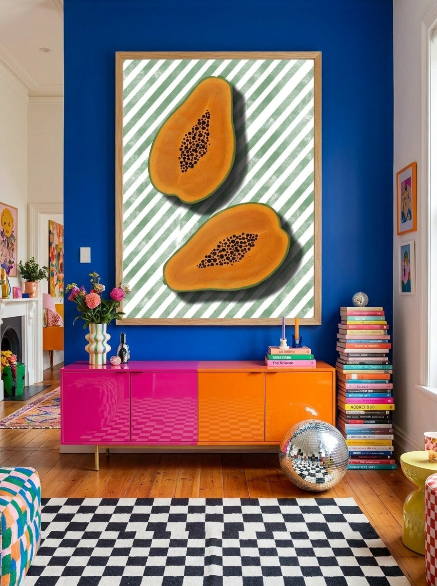 Oversized statement modern wall art print styled on the wall in a colourful eclectic living room