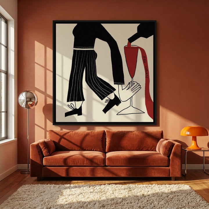 Oversized statement canvas wall art with a black surround styled on the wall in a retro 70s living room