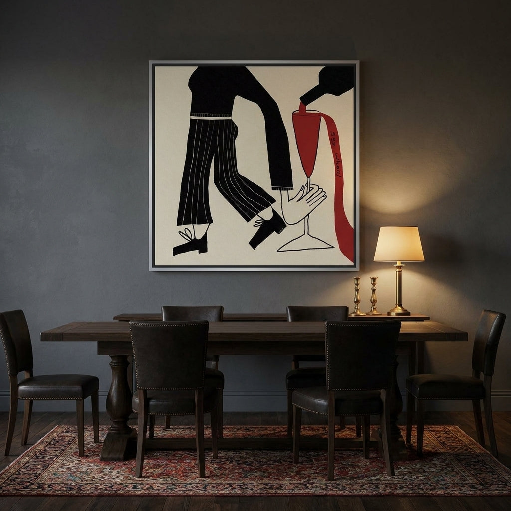 Canvas wall art with a silver leaf surround styled on the wall in a moody dining room