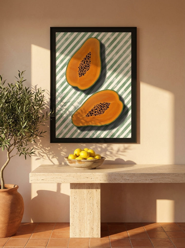 Modern wall art print styled on the wall in a Mediterranean kitchen