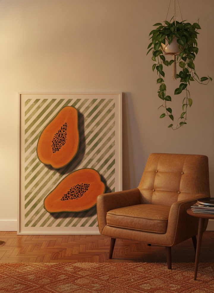 Modern wall art print leaning against the wall in a retro 70s dining room