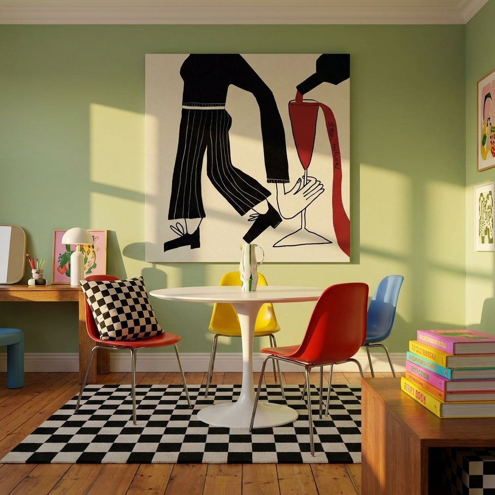 Stretched canvas wall art styled on the wall in a colourful eclectic dining room