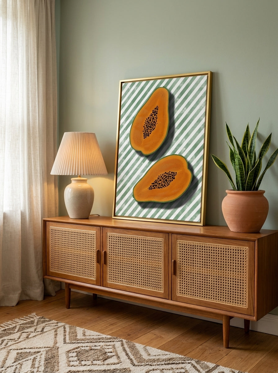 Canvas wall art with a gold leaf surround standing on a sideboard in a mid-century living room