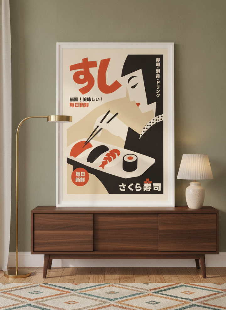 Modern wall art print standing on a sideboard in a mid-century living room