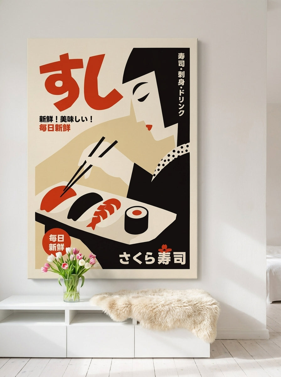 Stretched canvas wall art styled on the wall in a bright Scandinavian living room