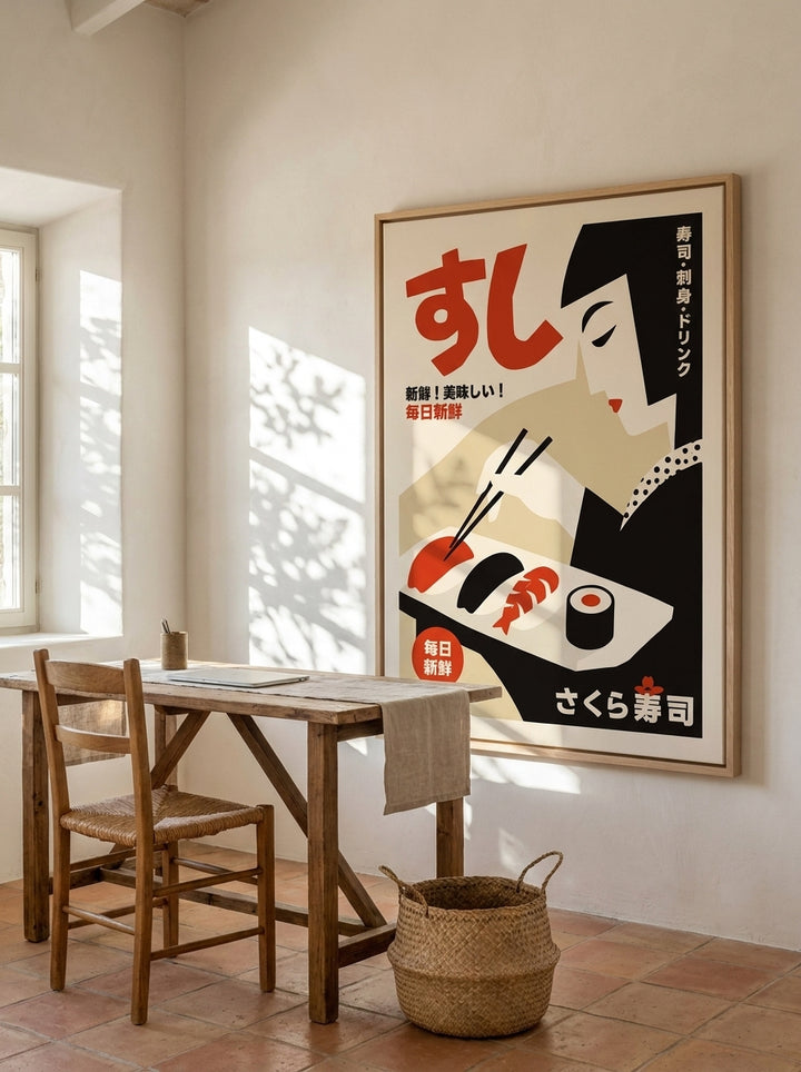 Oversized statement canvas wall art with a natural timber surround styled on the wall in a Mediterranean home office