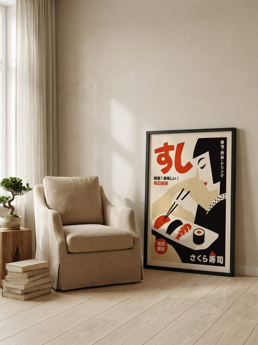 Modern wall art print leaning against the wall in a warm Japandi kitchen
