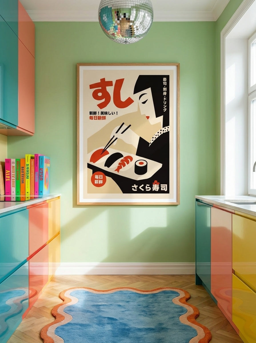 Modern wall art print styled on the wall in a colourful eclectic kitchen