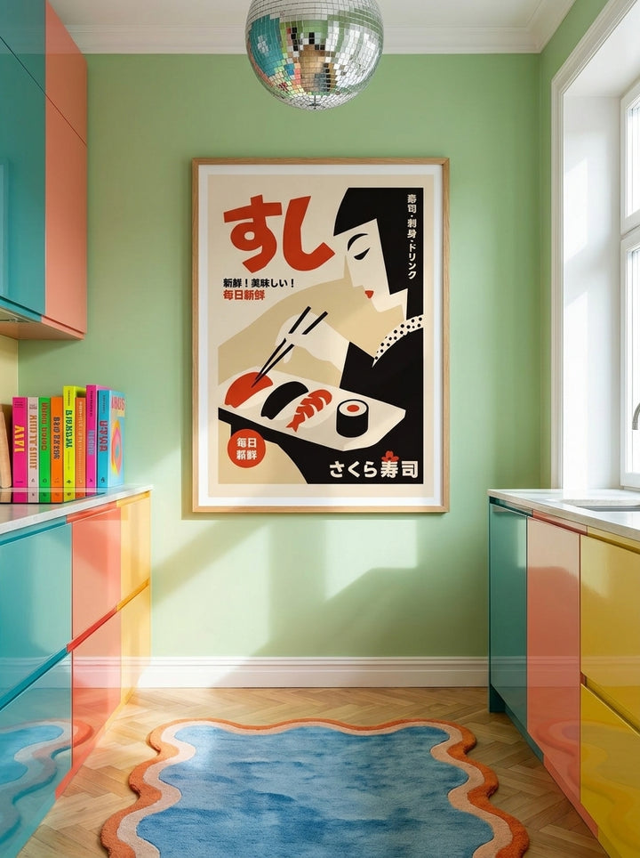 Modern wall art print styled on the wall in a colourful eclectic kitchen
