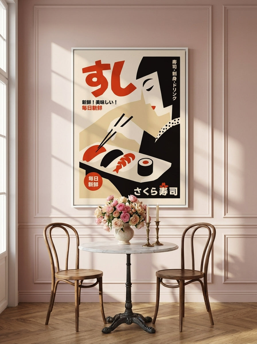 Oversized statement canvas wall art with a white surround styled on the wall in a Parisian dining room