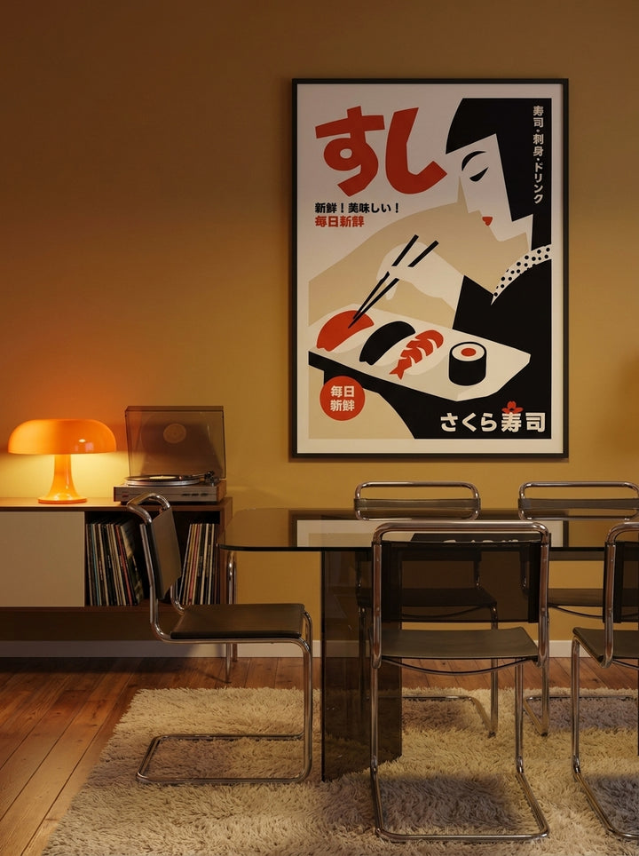 Oversized statement modern wall art print styled on the wall in a retro 70s dining room
