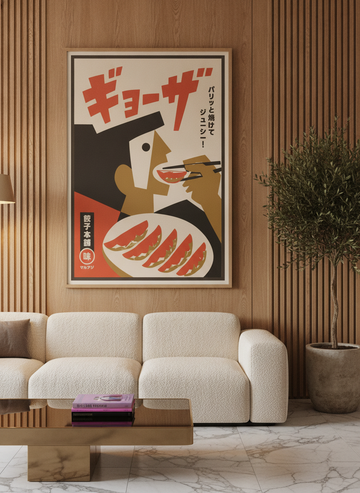 Oversized statement canvas wall art with a natural timber surround styled on the wall in a luxe living room