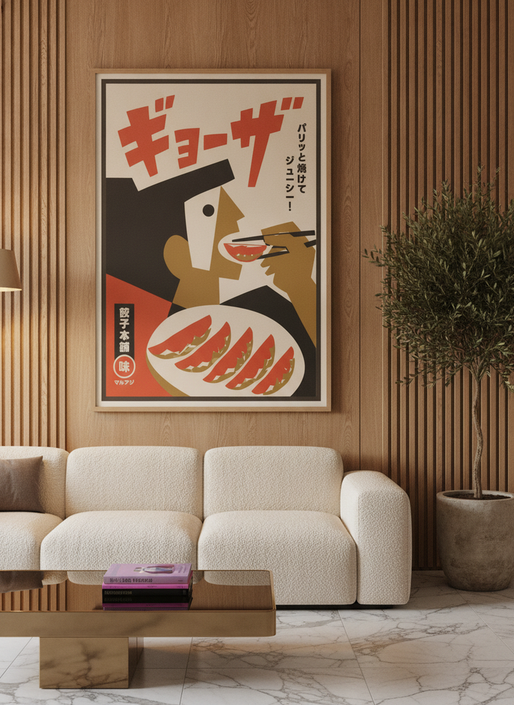 Oversized statement canvas wall art with a natural timber surround styled on the wall in a luxe living room