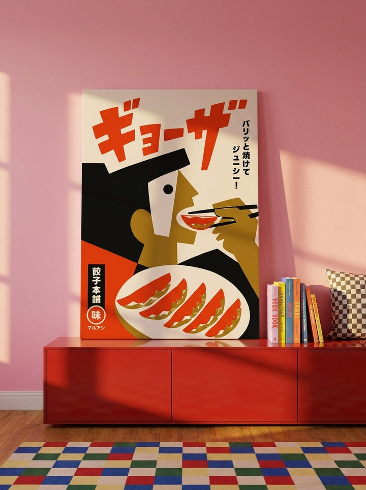 Stretched canvas wall art standing on a sideboard in a colourful eclectic bedroom
