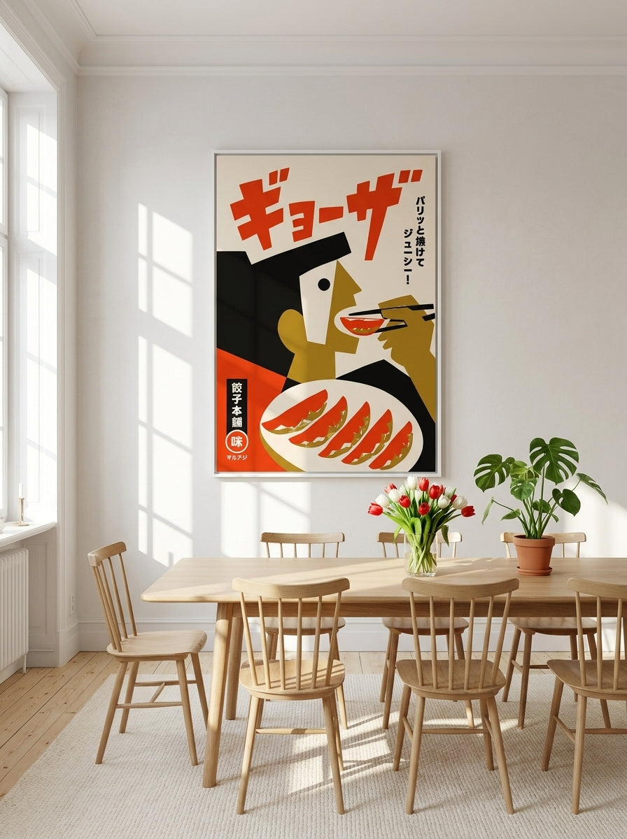 Oversized statement canvas wall art with a white surround styled on the wall in a bright Scandinavian dining room