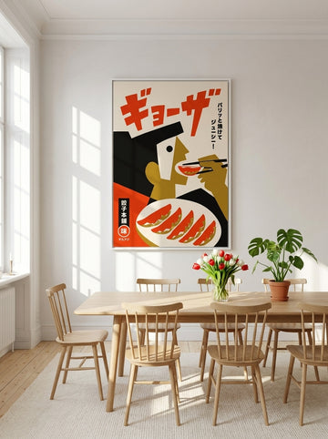 Oversized statement canvas wall art with a white surround styled on the wall in a bright Scandinavian dining room