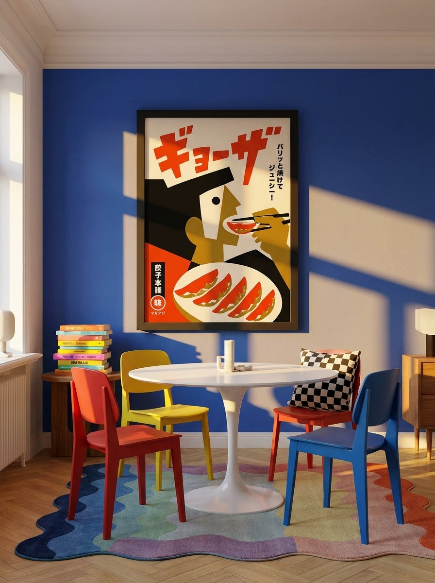 Oversized statement modern wall art print styled on the wall in a colourful eclectic dining room