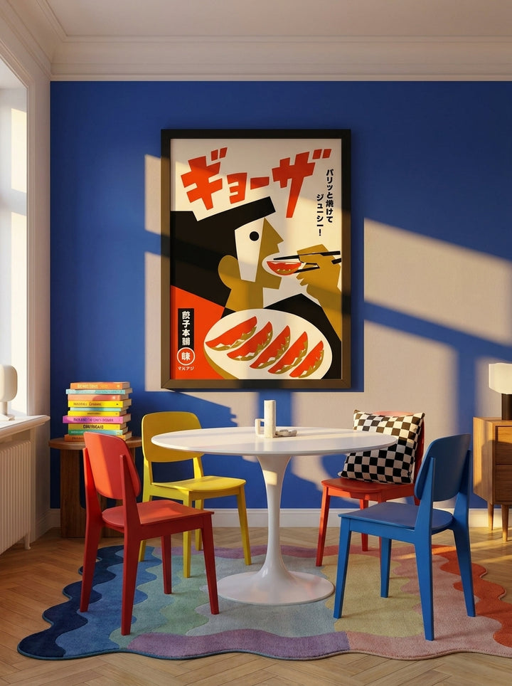 Oversized statement modern wall art print styled on the wall in a colourful eclectic dining room