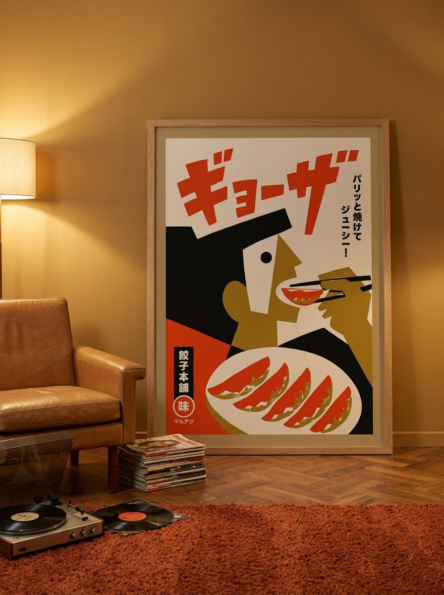 Oversized statement modern wall art print leaning against the wall in a retro 70s living room