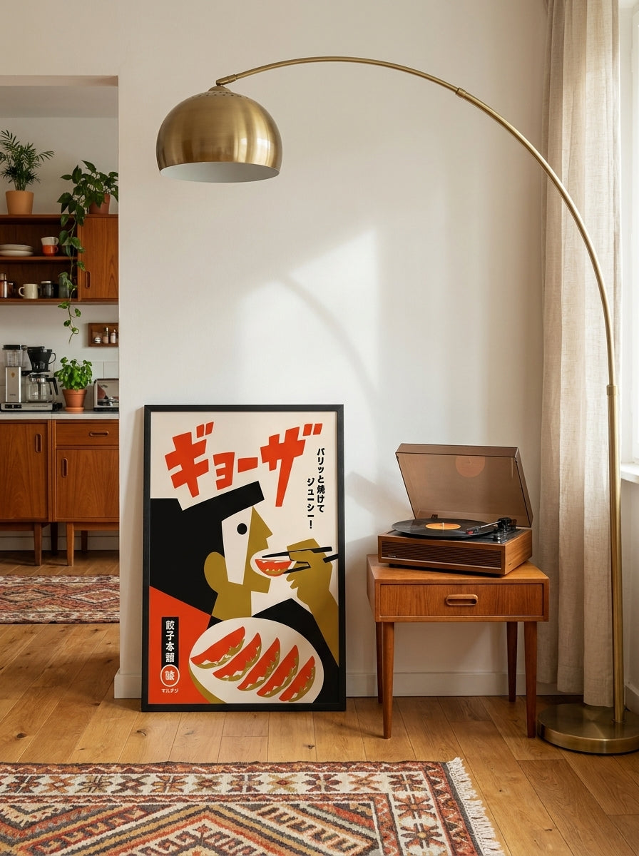 Modern wall art print leaning against the wall in a mid-century kitchen