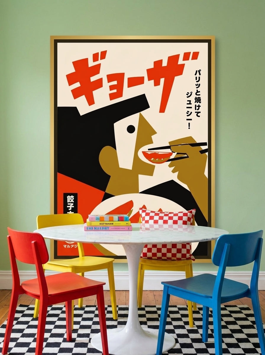 Canvas wall art with a gold leaf surround styled on the wall in a colourful eclectic dining room