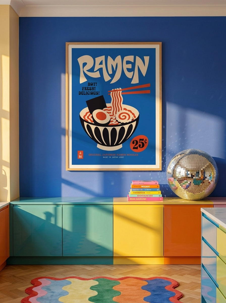 Modern wall art print styled on the wall in a colourful eclectic kitchen