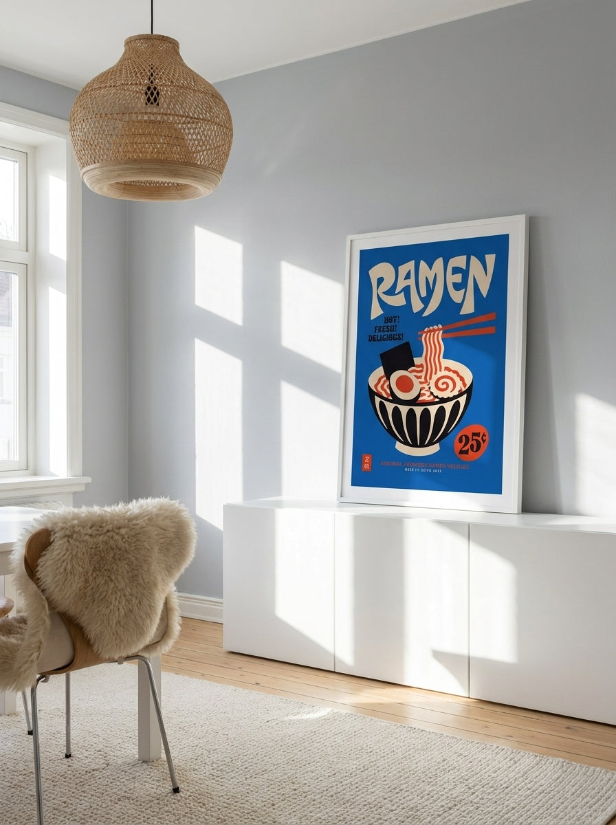 Modern wall art print standing on a sideboard in a bright Scandinavian dining room