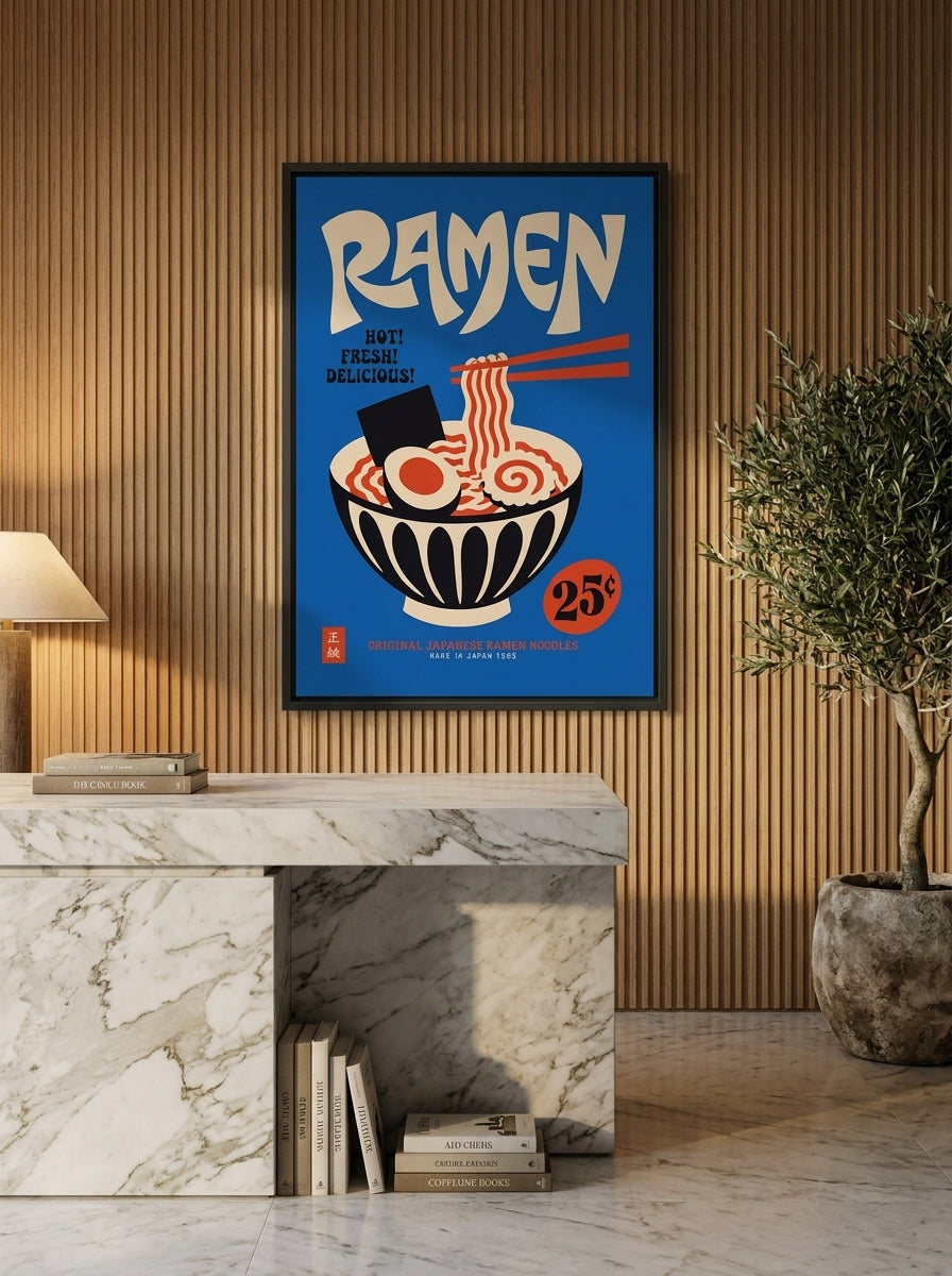 Canvas wall art with a black surround styled on the wall in a luxe kitchen