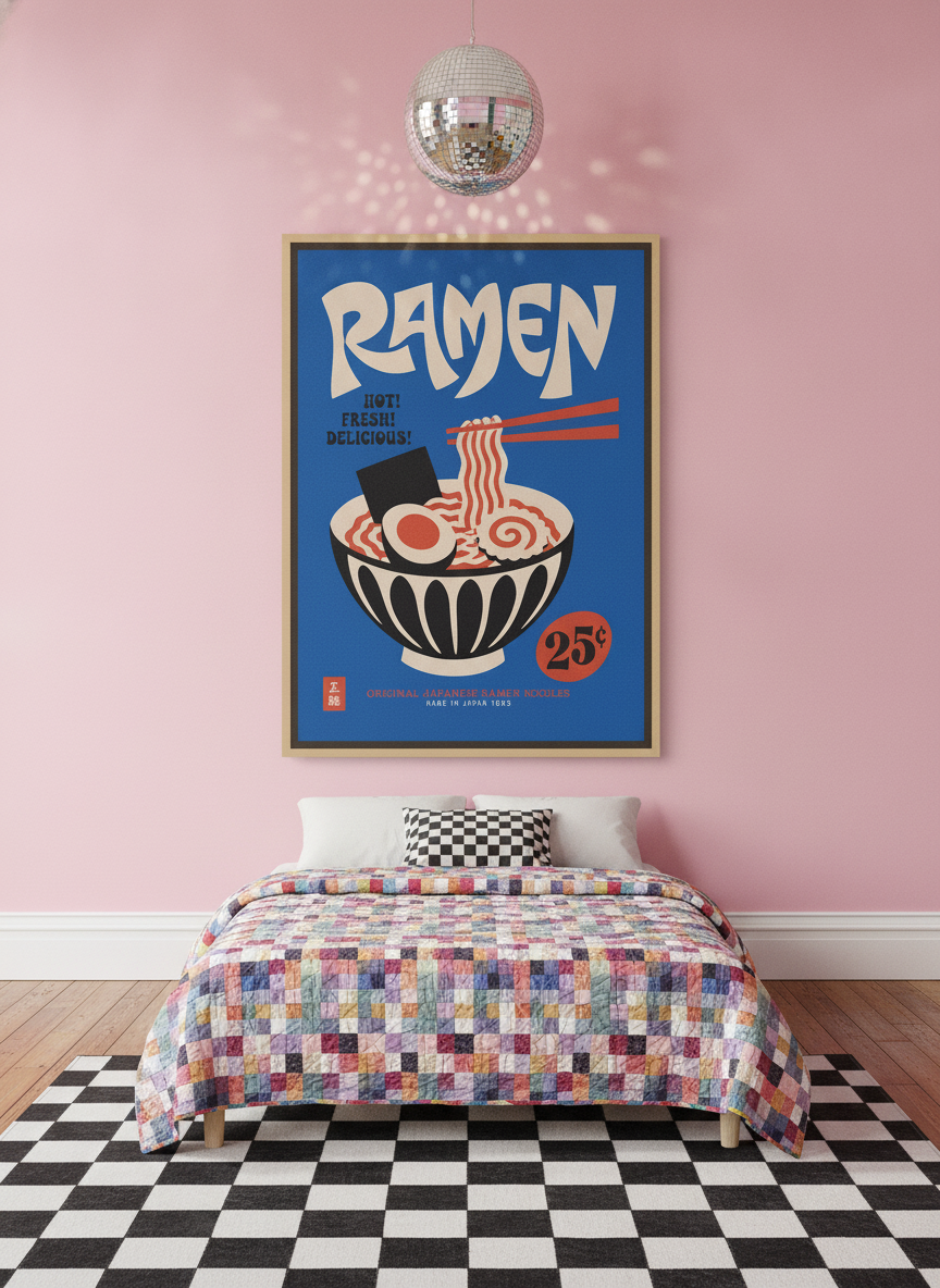 Oversized statement canvas wall art with a natural timber surround styled on the wall in a colourful eclectic bedroom