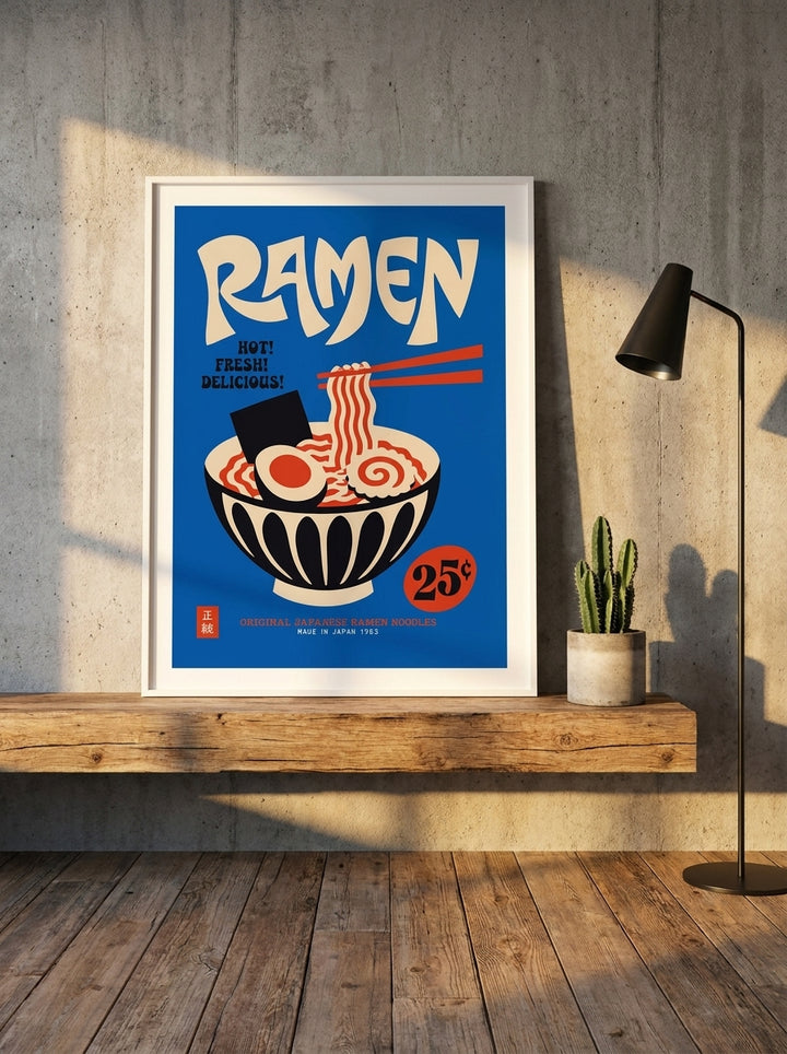 Modern wall art print standing on a bench in an industrial loft living room