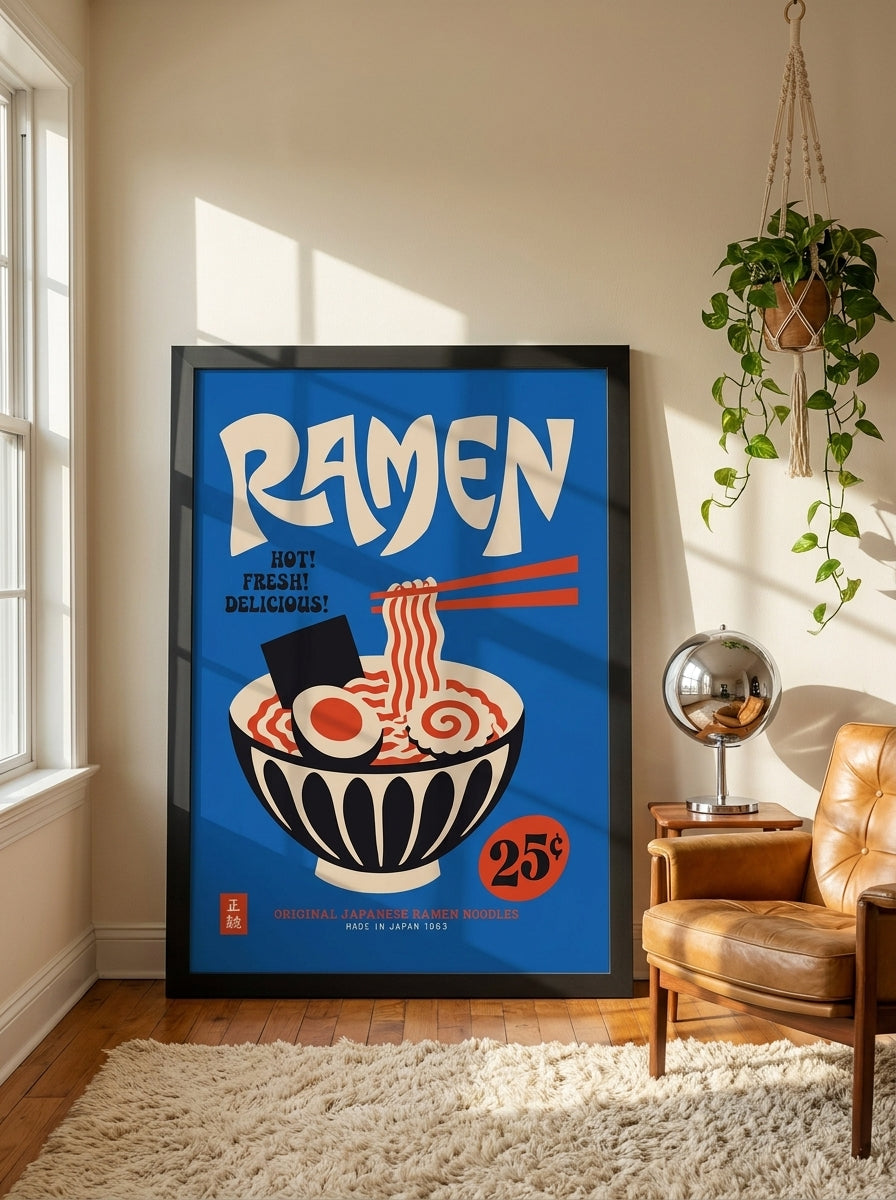 Oversized statement modern wall art print leaning against the wall in a retro 70s dining room
