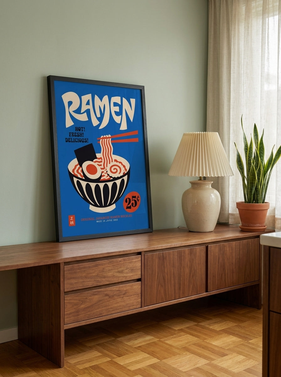 Modern wall art print standing on a kitchen bench in a mid-century kitchen