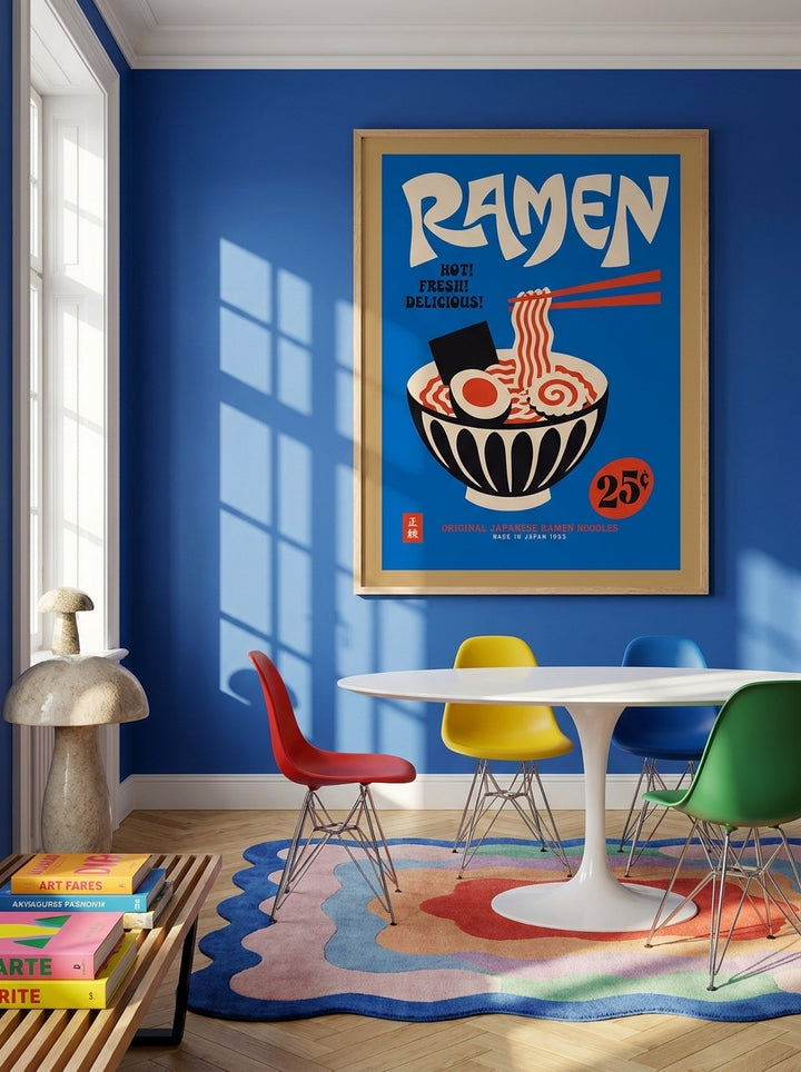 Oversized statement modern wall art print styled on the wall in a colourful eclectic dining room
