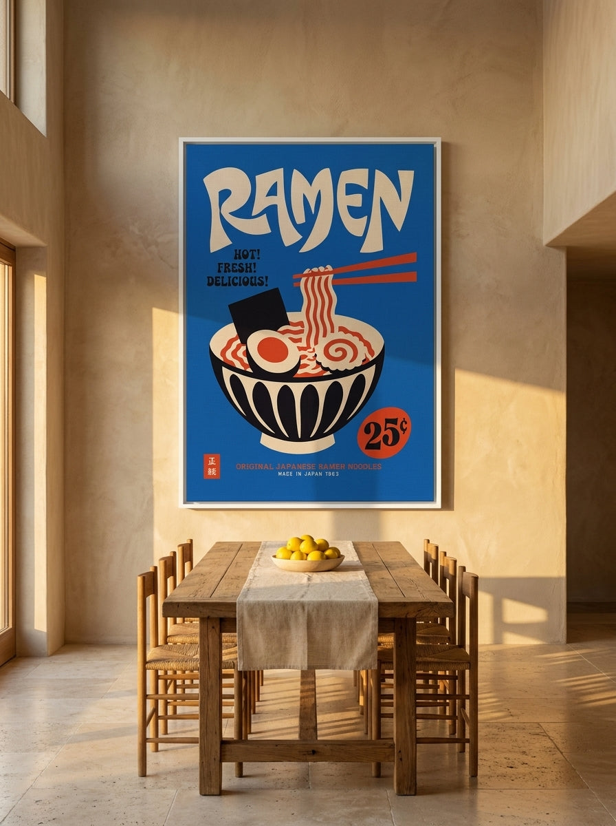 Oversized statement canvas wall art with a white surround styled on the wall in a Mediterranean dining room