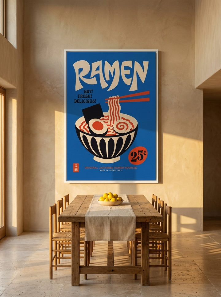Oversized statement canvas wall art with a white surround styled on the wall in a Mediterranean dining room