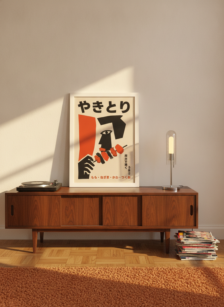 Modern wall art print standing on a sideboard in a retro 70s living room