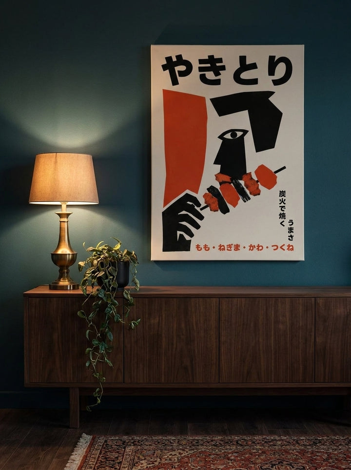 Stretched canvas wall art styled on the wall in a moody living room