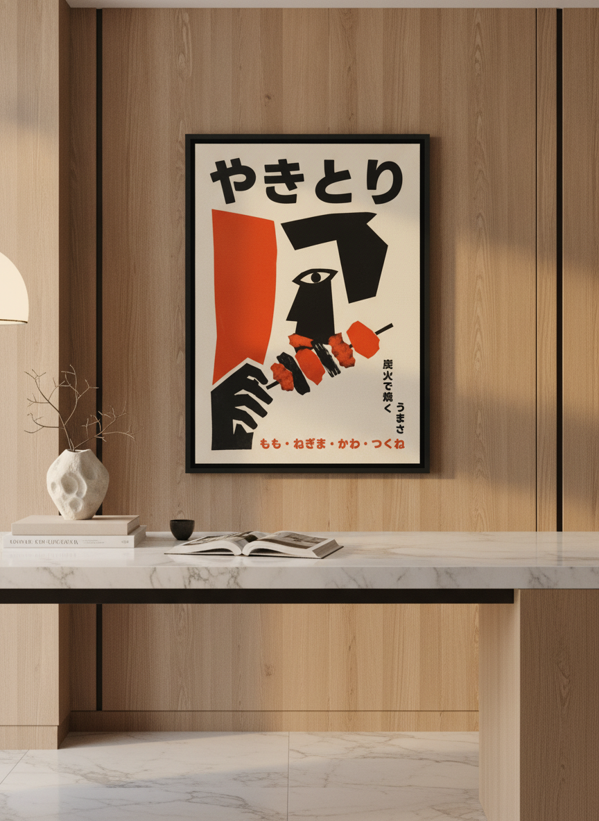 Canvas wall art with a black surround styled on the wall in a luxe kitchen
