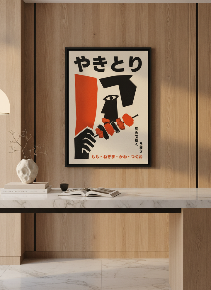Canvas wall art with a black surround styled on the wall in a luxe kitchen
