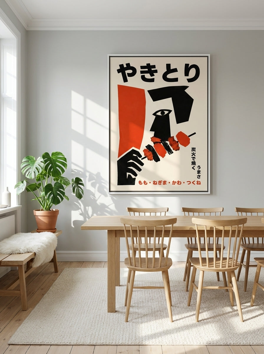 Oversized statement canvas wall art with a white surround styled on the wall in a bright Scandinavian dining room