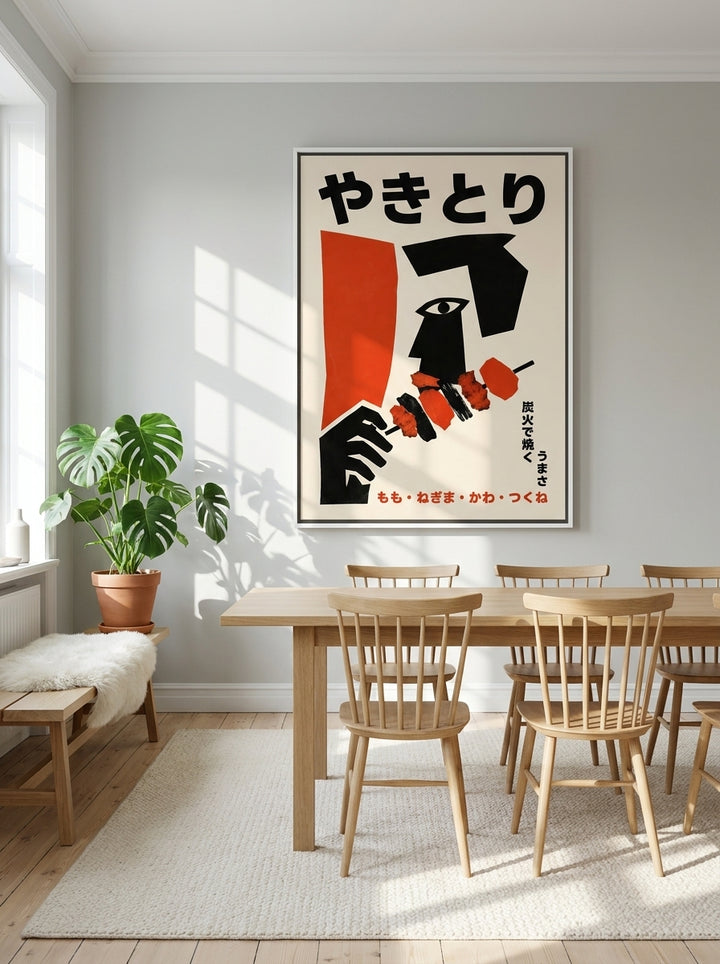 Oversized statement canvas wall art with a white surround styled on the wall in a bright Scandinavian dining room
