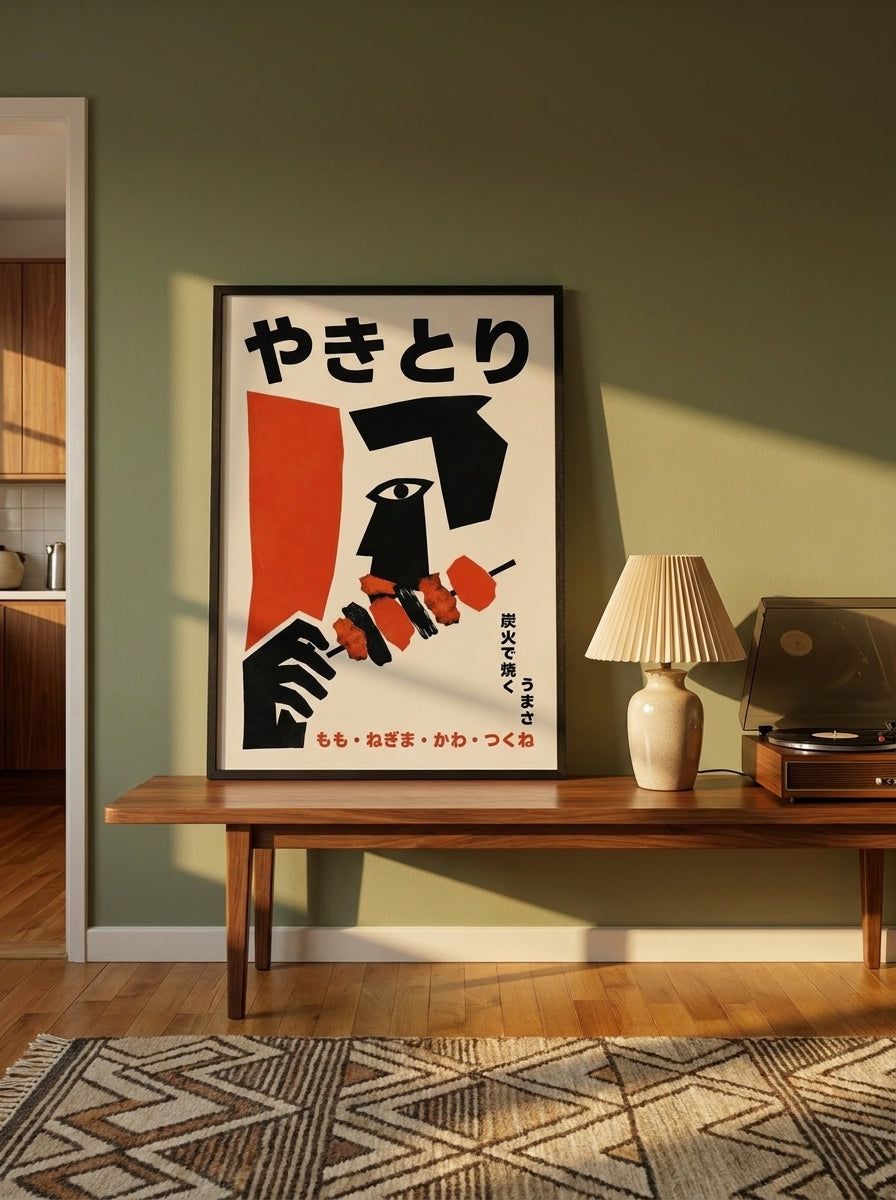Modern wall art print standing on a kitchen bench in a mid-century kitchen
