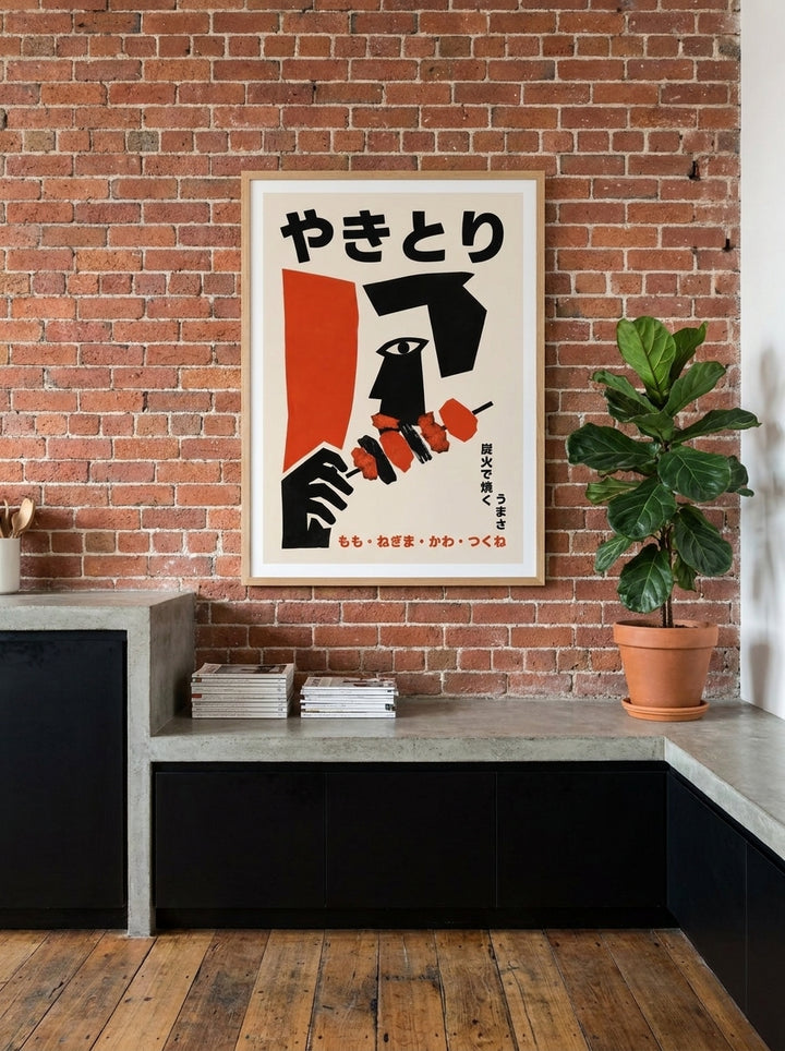 Modern wall art print styled on the wall in an industrial loft kitchen