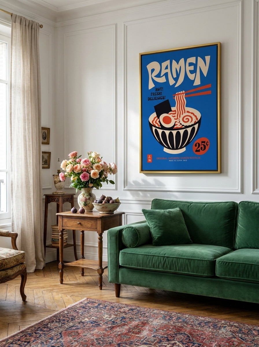 Canvas wall art with a gold leaf surround styled on the wall in a Parisian living room