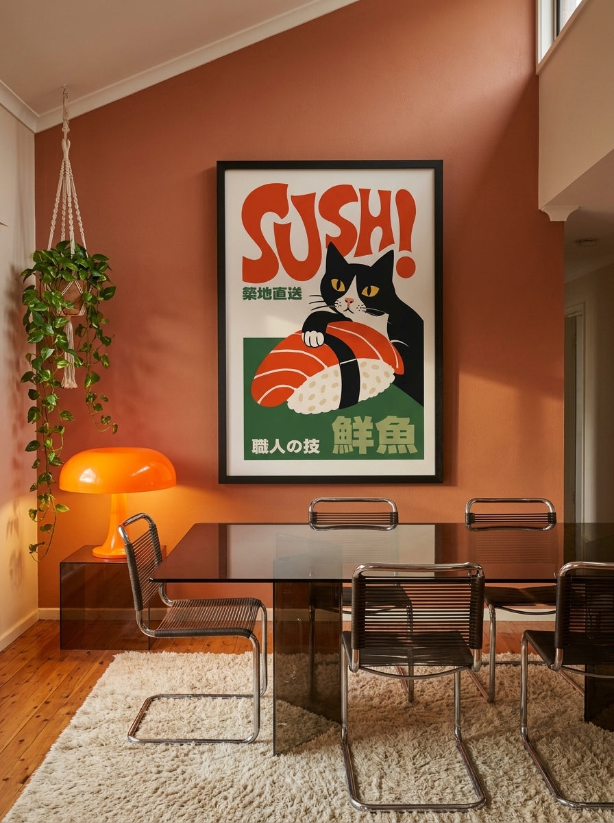 Oversized statement modern wall art print styled on the wall in a retro 70s dining room