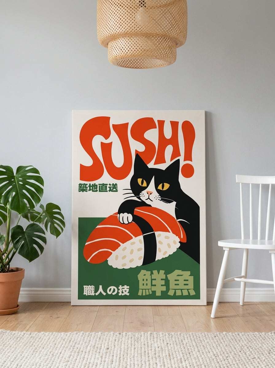 Stretched canvas wall art leaning against the wall in a bright Scandinavian living room